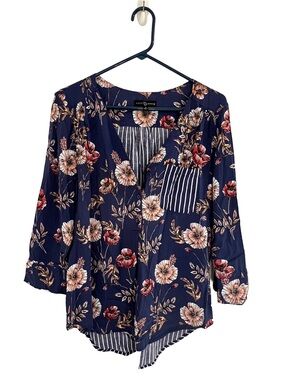 Fred David Mixed-Print Floral v-neck Button-Front Blouse - Navy